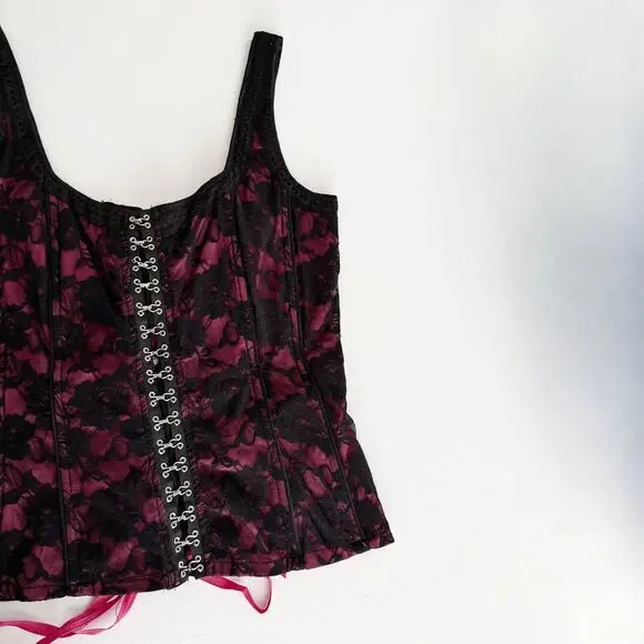 [Tripp NYC] Black Pink Y2K Floral Print Lace Hook & Eye Corset Top Size Large L - Picture 6 of 12